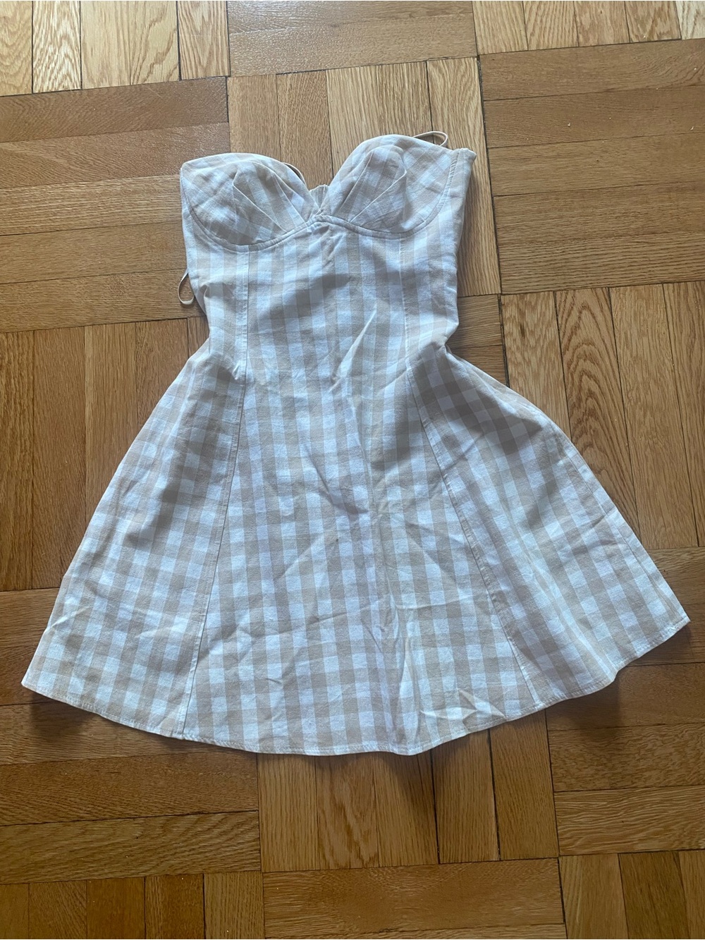 Zara Cream and White Checkered Strapless Dress